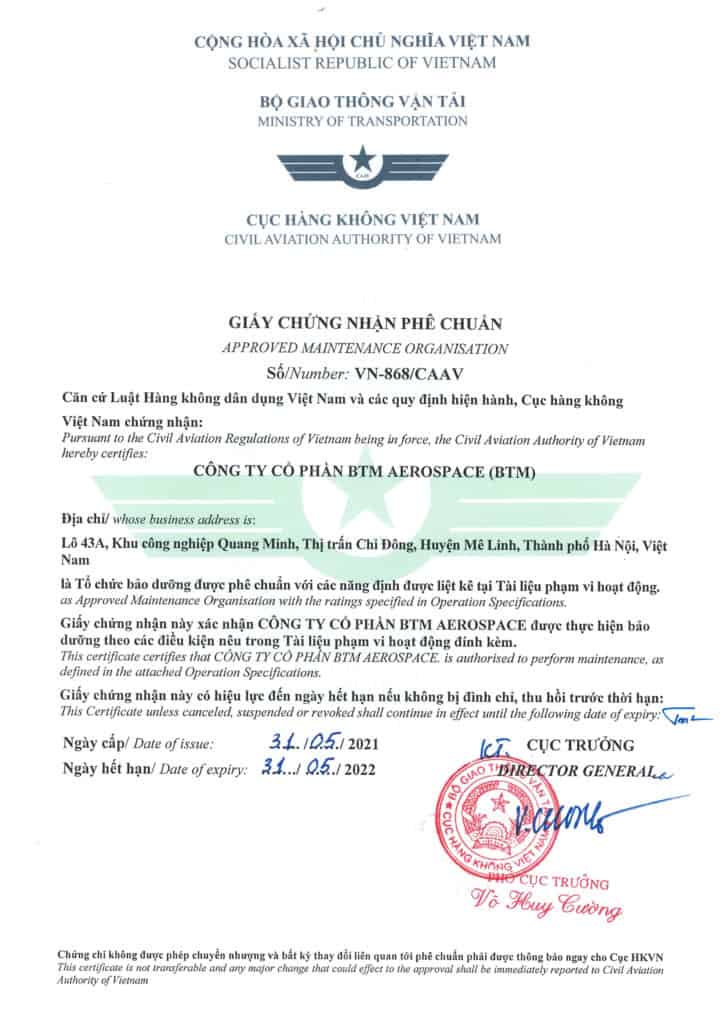 CAAV Approval Certificate BTM AMO Page 1